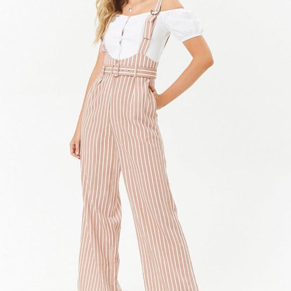 Forever 21 Pants - Forever 21 Striped Pink Suspender Jumpsuit
